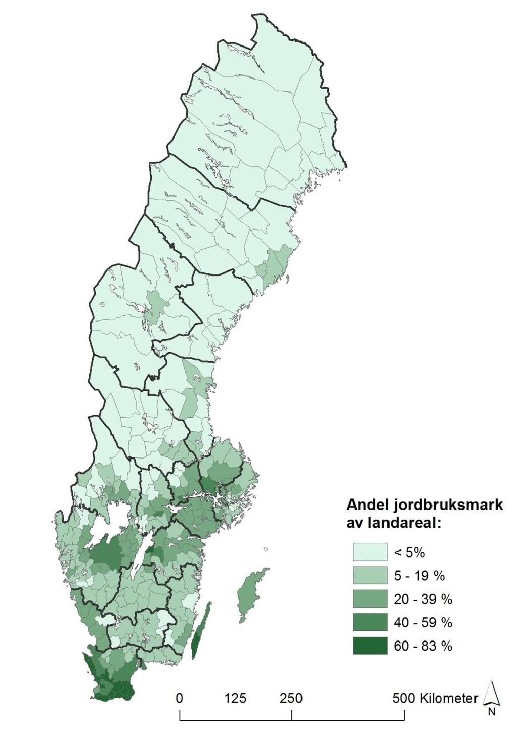 Statens Jordbruksverk 5 JO 10 SM 1501 Jordbruksmarken 2014 Förhållande mellan jordbruksmark och landareal 2014 Karta A visar hur stor andel av landarealen i respektive kommun som används till