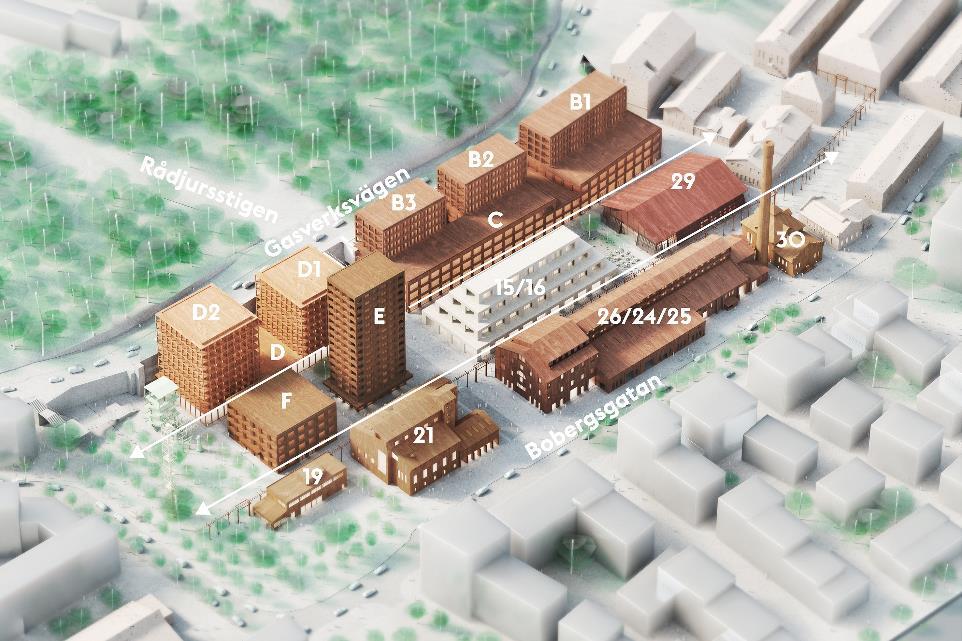 Sida 37 (92) Förslaget utifrån vision och mål för Gasverket Utifrån visionen från stängd industri till öppen stad föreslås byggnaderna öppnas upp för verksamheter i bottenvåningarna, samt med kontor