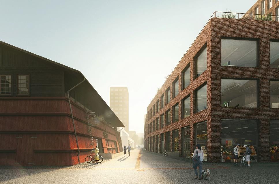 Sida 61 (92) Byggnaden uppförs på den plats där marketenteriet, hus 15/16, står idag. Den nya byggnaden kommer att innehålla handel och bostäder, men även kontor möjliggörs.
