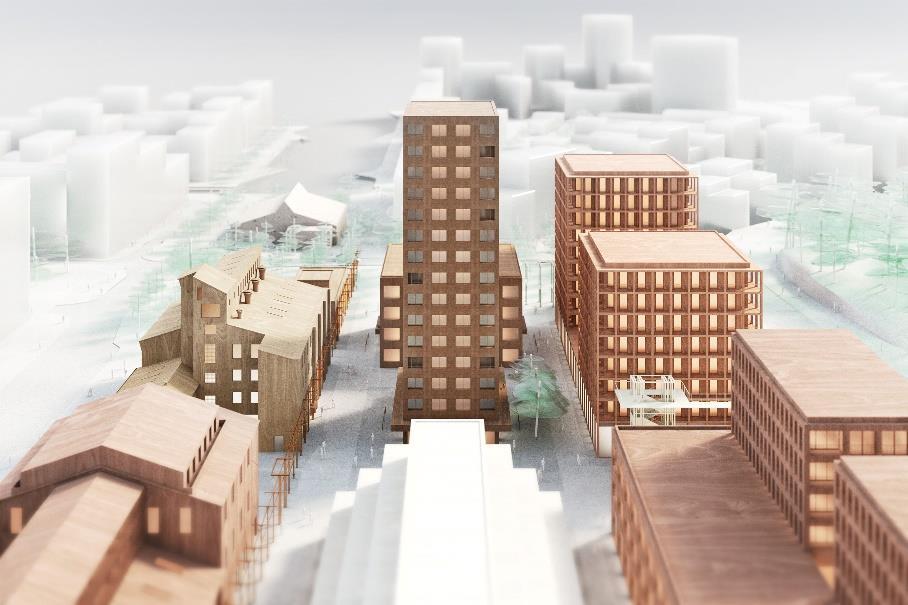 Sida 64 (92) Hus E och F centralt i bilden. Hus D till höger om dessa samt hus 15/16 och hus B och C i förgrunden.