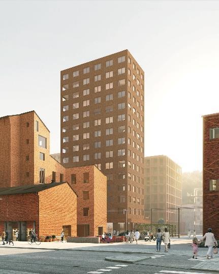 Hus E och F Hus E (det höga huset) Hus E samt hus F i bakgrunden Hus E föreslås utgöras av ett högt och slankt bostadshus i 15 våningar, medan hus F förslås