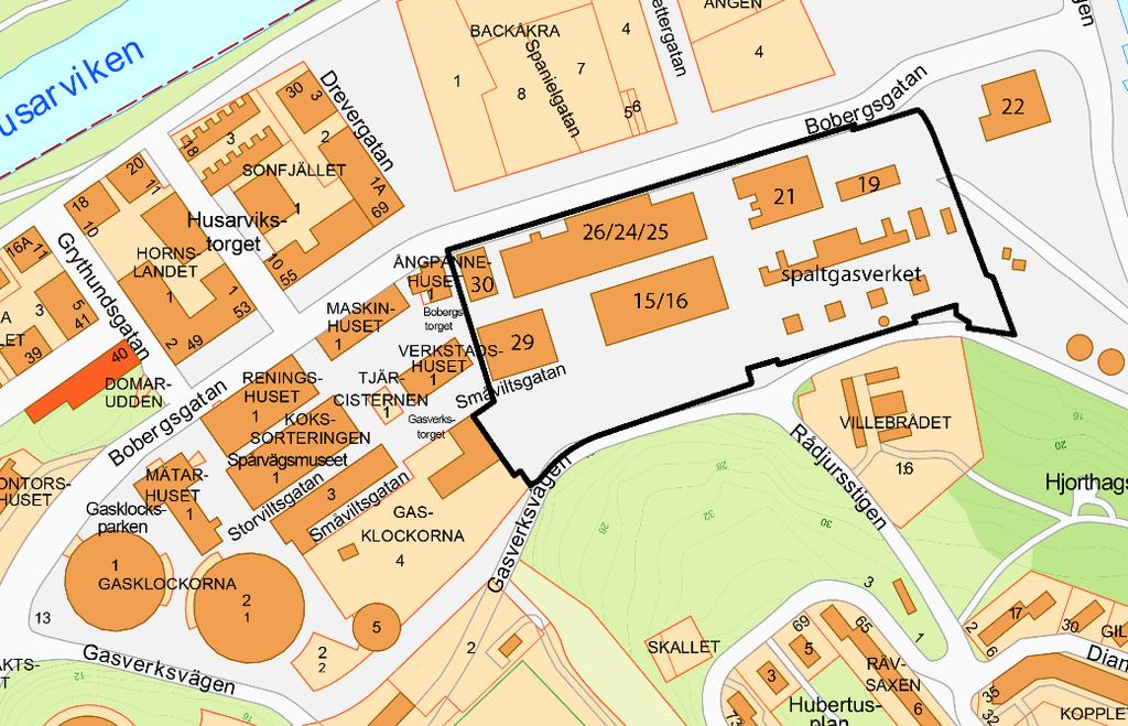 Sida 9 (92) Planområdets utbredning samt befintliga byggnaders nummer Läge, areal, markägoförhållanden Planområdet Gasverket Östra är en del av gasverksområdet.