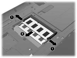 9. Om du ska byta ut en minnesmodul börjar du med att ta bort den befintliga modulen: a. Dra bort platshållarna (1) på vardera sida om minnesmodulen. Minnesmodulen lutas uppåt.