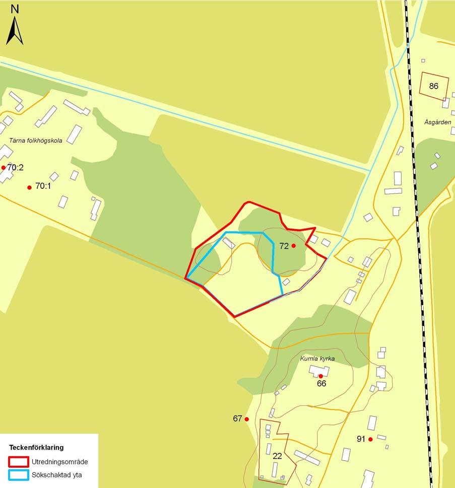 Figur 4. Utredningsområdet och de omgivande fornlämningarna. Utdrag ur digitala Fastighetskartan, blad 11G 7j. Skala 1:5000. Tabell 1.