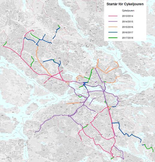 3. Sopsaltade cykelstråk i Stockholm Inför vintern 2013/14 valde Trafikkontoret i Stockholms stad ut några viktiga cykelstråk för arbetspendling där sopsaltning skulle tillämpas (Figur 4, rosa