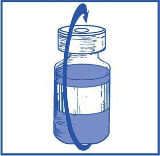 Steg 1.4 Ta bort sprutan och nålen och blanda försiktigt manuellt genom att vända flaskan upprepade gånger till man får en klar och homogen lösning. Det tar cirka 45 sekunder. Steg 1.