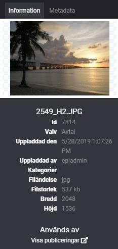 12. Spårbarhet ImageVault har en inbyggd funktion som gör att man kan se var filer används. 12.1. Presentera användande Det finns två sätt att komma till informationen var en fil används: 1: Länk under Information i kolumnen till höger när en fil är markerad.