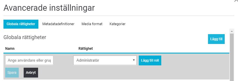 18.1. Globala rättigheter Inställningsfliken globala rättigheter listar rättigheter för alla administratörer i systemet. ImageVault använder tre olika administratörsnivåer.