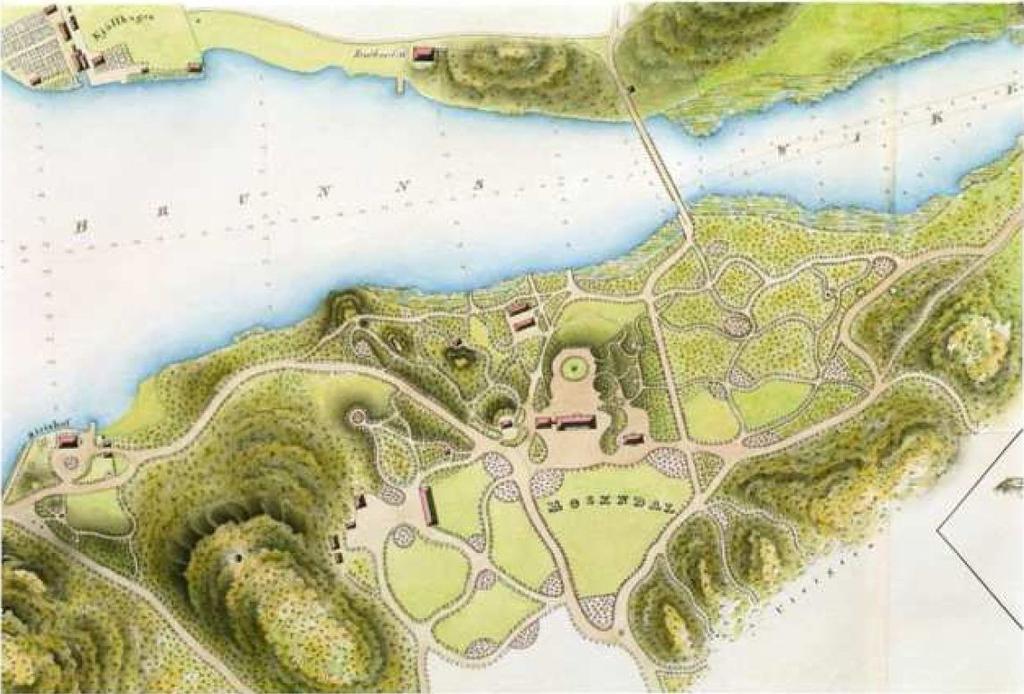 Sida 7 (9) Karl XIV Johans lustpark, 1834 års karta. Brons uppförande förutsätter anmälan om vattenverksamhet. Dispens kommer sökas från strandskyddet som således inte kommer inte begäras upphävt.