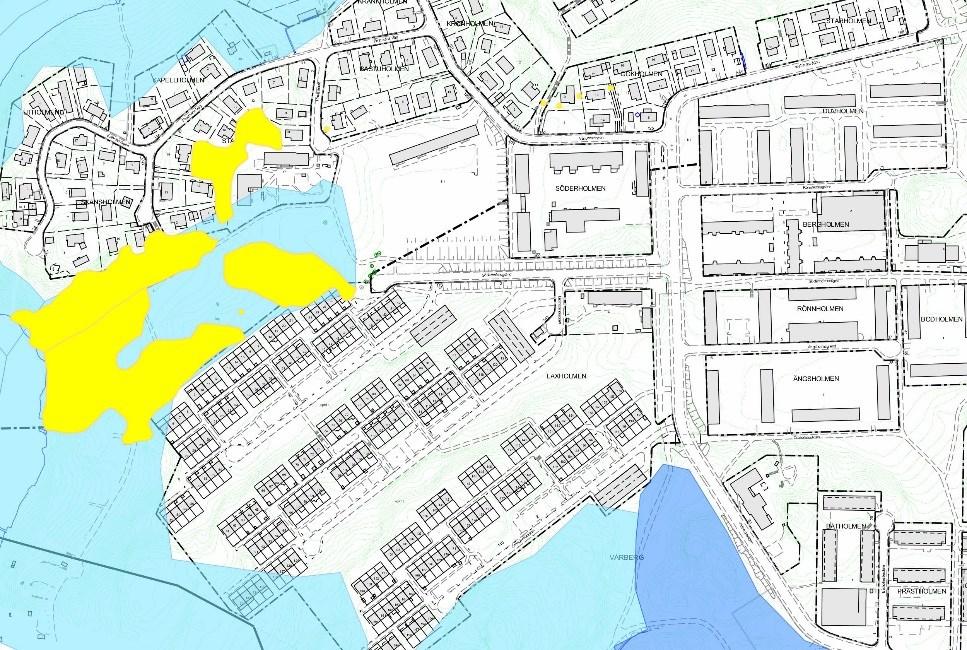 Sida 15 (67) Karta över ESBO spridningssamband - ljusblå, livsmiljö för skyddsvärda arter blå samt områdesklass ekdatabasen gult (Stockholms stad Miljöförvaltningen).