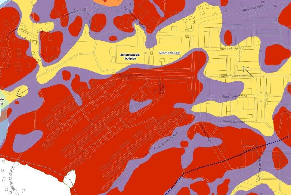 Sida 16 (67) Karta över geologiska markförhållanden. Gult område markerar jord, lila morän, rött berg-i-dagen (Stockholms stad Miljöförvaltningen).