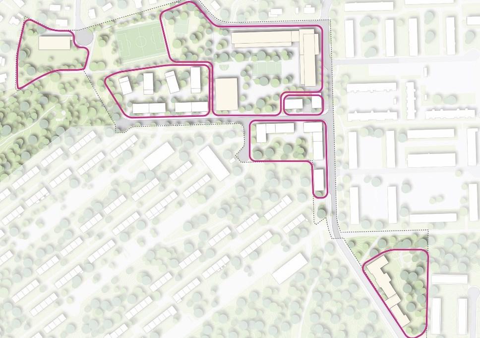 Sida 25 (67) Den nya bostadsbebyggelsen är indelad i tre kvarter: Kvarter A är placerad på den befintliga grusplanen, kvarter B ligger på nordvästra sidan av korsningen Vårbergsvägen/Söderholmsgränd