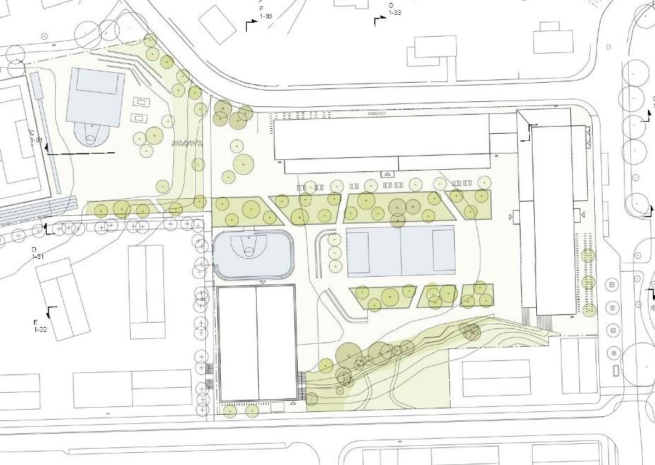 och bekräftar samtidigt användningen för en befintlig byggnad (hus C). I planförslaget föreslås en ny L-formad skolbyggnad mot Vårbergsvägen och Våruddsringen.