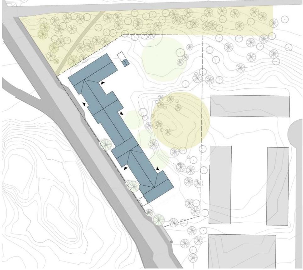 Sida 38 (67) Befintlig byggnad Skogsdunge bevaras Plan yta Inlastning Starkt sluttande naturyta Huvudentré från gata Mindre lekytor Ny tillbyggnad Illustrationsplan förskolan Båtholmen (Cedervall