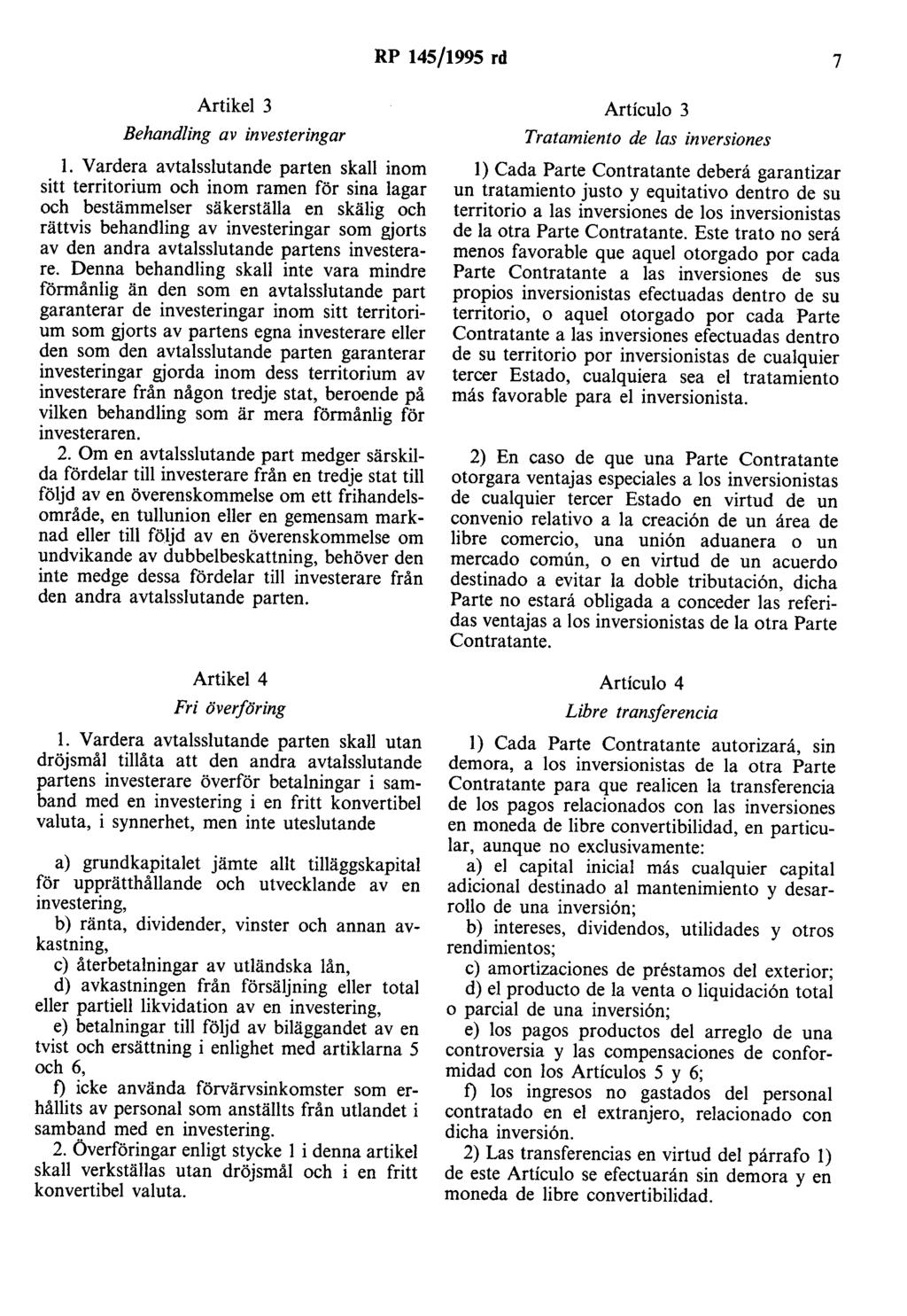 RP 145/1995 rd 7 Artikel 3 Articulo 3 Behandling av investeringar l.