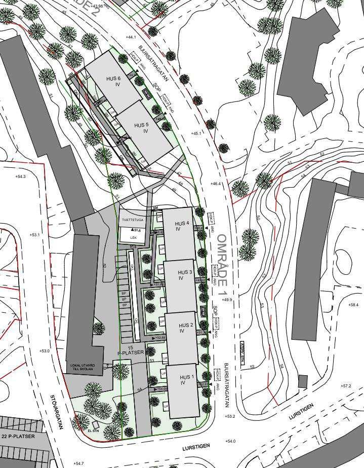 Delområde 1 kommer efter omdaningen att bestå av sex bostadshus i två husgrupper, se figur 2. Husen följer Bjursätragatans sträckning från korsningen Bjursätragatan/Lurstigen och norrut.
