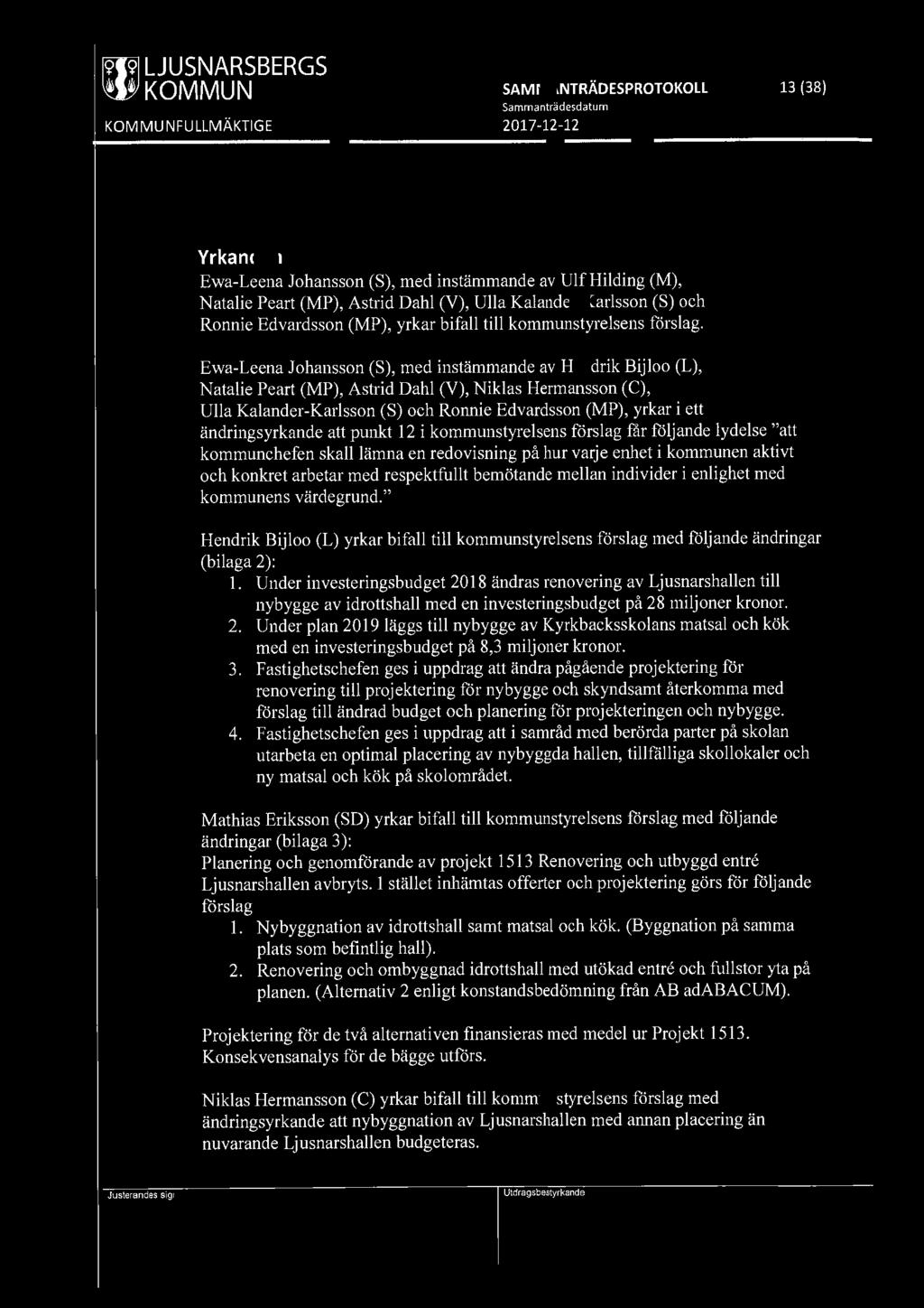 ~ KOMMUN SAMMANTRÄDESPROTOKOLL 13 (38) Yrkanden Ewa-Leena Johansson (S), med instämmande av Ulf Hilding (M), Natalie Peart (MP), Astrid Dahl (V), Ulla Kalander-Karlsson (S) och Ronnie Edvardsson