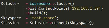 Figur 19: Upprätta en koppling mot en Cassandradatabas När en uppkoppling till databasen är etablerad erbjuder Datastax PHP-driver en rad olika sätt att interagera med Cassandra.