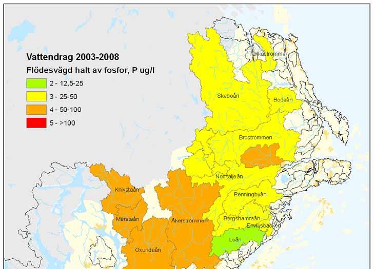 Flödesvägda årsmedelhalter av totalfosfor i mynningen i kust- och