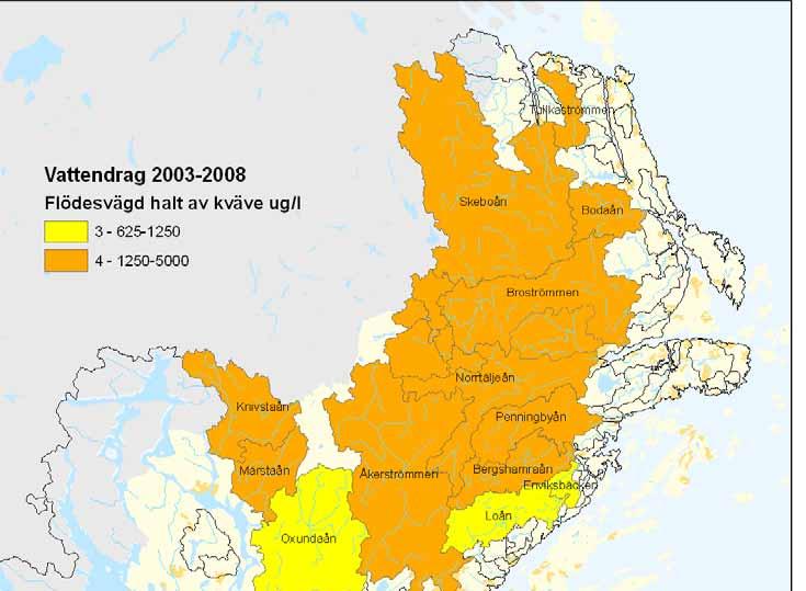 Flödesvägda årsmedelhalter av totalkväve i mynningen i kust- och mälarmynnande vattendrag i Stockholms län.