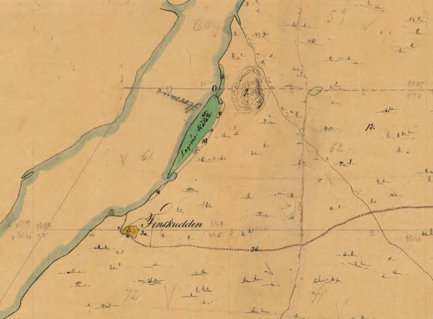 15 Figur 9. Utdrag ur avvittringskartan från år 1861. Vid Luleälven, utanför utredningsområdet ligger Finskudden, Lagnäs-kåtan och en stig som leder mot öster.