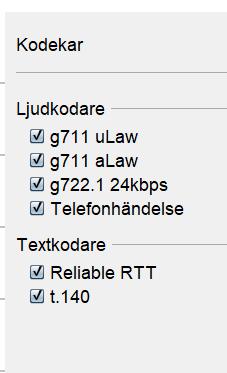 7.1.6 Media mail Klicka på alternativet Media mail för att spela in, aktivera och/eller ändra ditt svarsmeddelande, se avsnitt 6.3.1 ovan. 7.1.7 Kodekar Klicka på alternativet Kodekar.