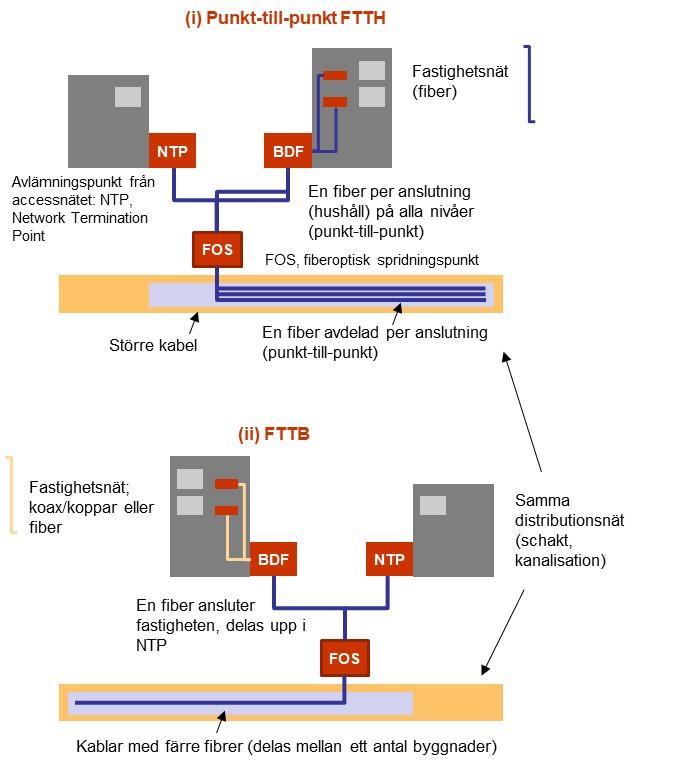 Figur 8 - Skillnaden mellan ett nät byggt med FTTH respektive FTTB Källa: TERA