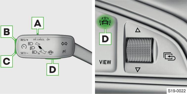 lyser - regleringen är aktiv blinkar - den inställda gränsen överskrids Funktionsvillkor Aktivering/avaktivering och inställning i infotainment I följande meny.