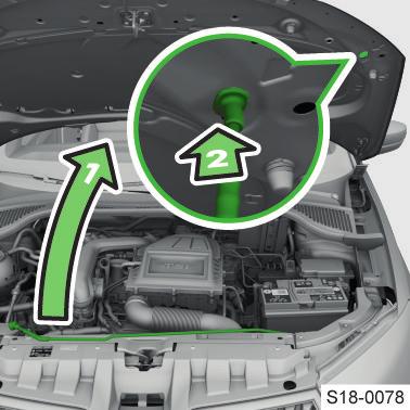 Om systemet fortfarande inte fungerar ska du kontakta en fackverkstad. Motor, avgassystem och bränsle Motorhuv Öppna motorhuven Före öppning Se till att torkararmarna är infällda mot vindrutan.