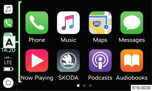 Musikapplikationer Visning av fler tillgängliga applikationer samt alternativet att återvända till huvudmenyn SmartLink Aktivering av röststyrningen (Google Voice) Apple CarPlay A Lista över