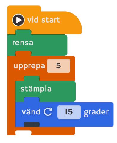 Skapa kod för aktören Vid start ska alla pennstreck raderas. Blocket för loopen syns om du klickar på och scrollar ner lite.