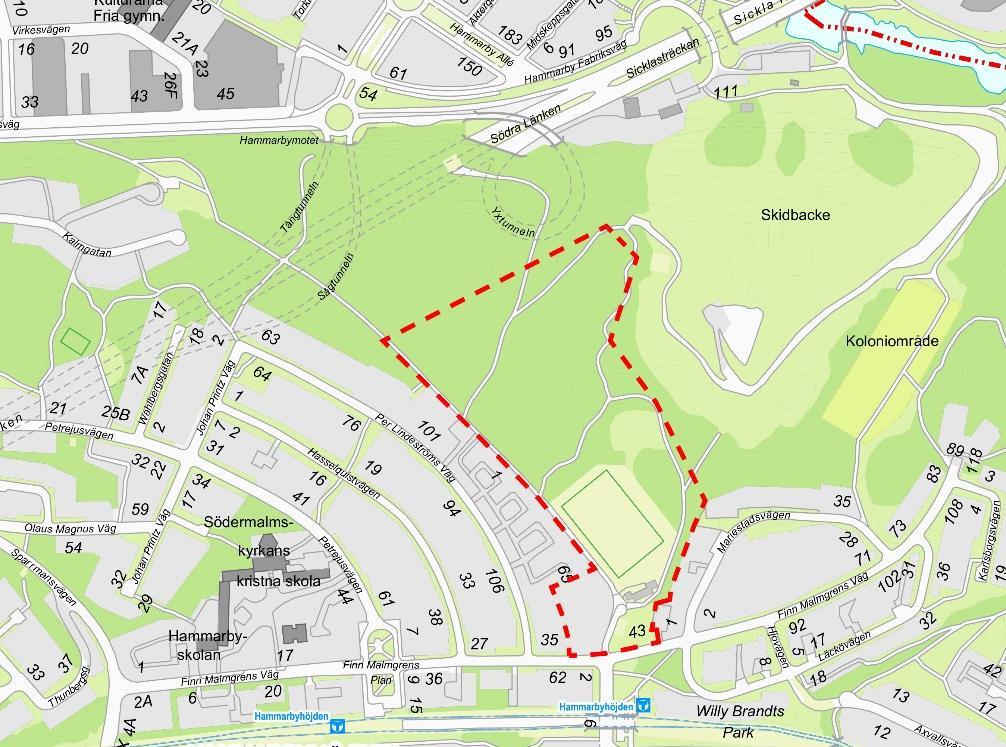 Sida 2 (18) rekreationsvärden, trygghet, tillgänglighet och orienterbarhet. I det syftet avses ett alternativt läge för kopplingen genom Hammarbyskogen undersökas under planarbetet.