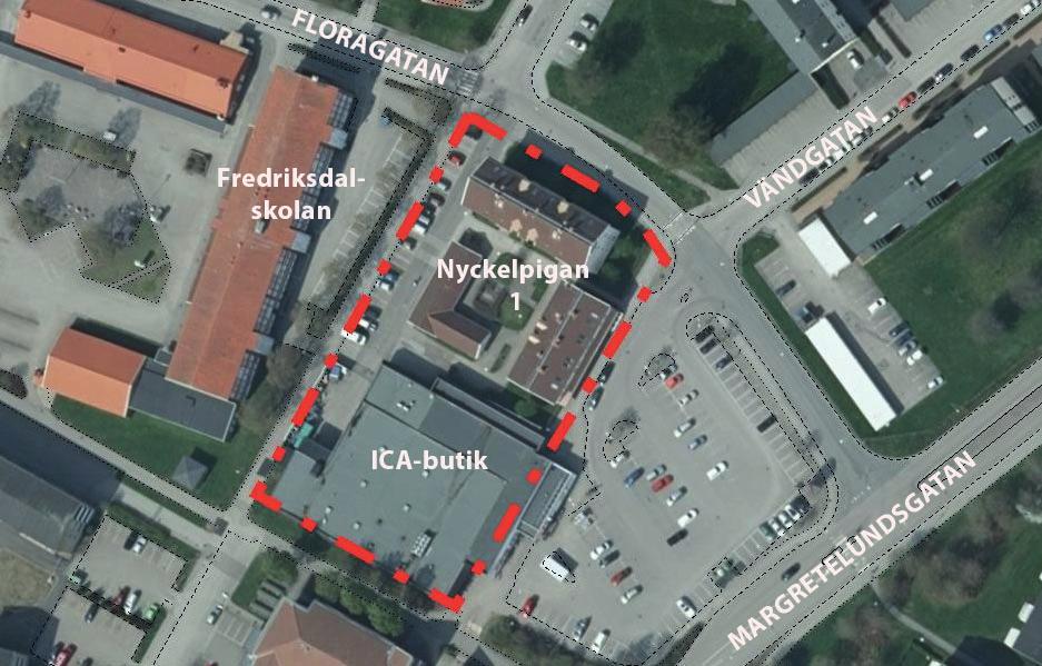 Området som berörs av föreslagen planändring ligger cirka 1,2 kilometer sydost om centrala Lidköping. Fig.