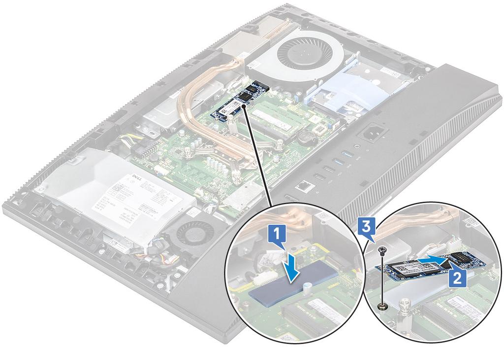 4. Installera följande komponenter: a) Moderkortskydd b) Bakre hölje c) Stativ 5. Följ anvisningarna i När du har arbetat inuti datorn. Halvledarenhet - 2230 Ta bort 2230 SSD-kortet 1.