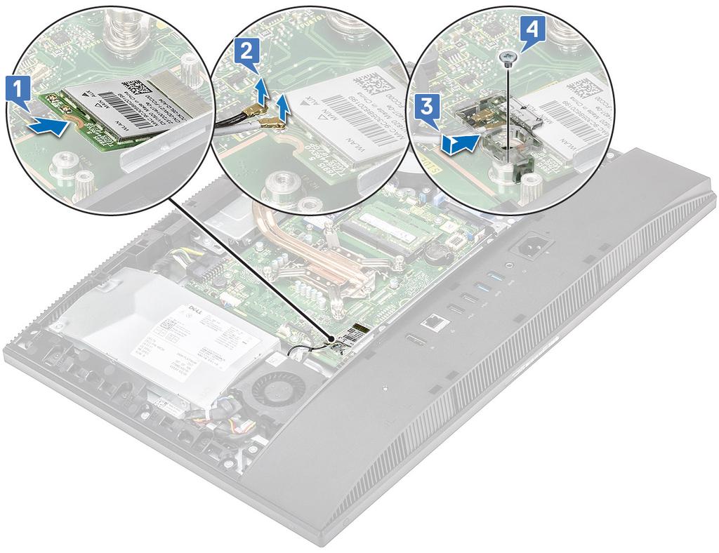 2. Så här installerar du WLAN-kortet: a) Rikta in skruvhålet på WLAN-kortets skydd med skruvhålet på moderkortet och placera WLAN-kortets skydd på