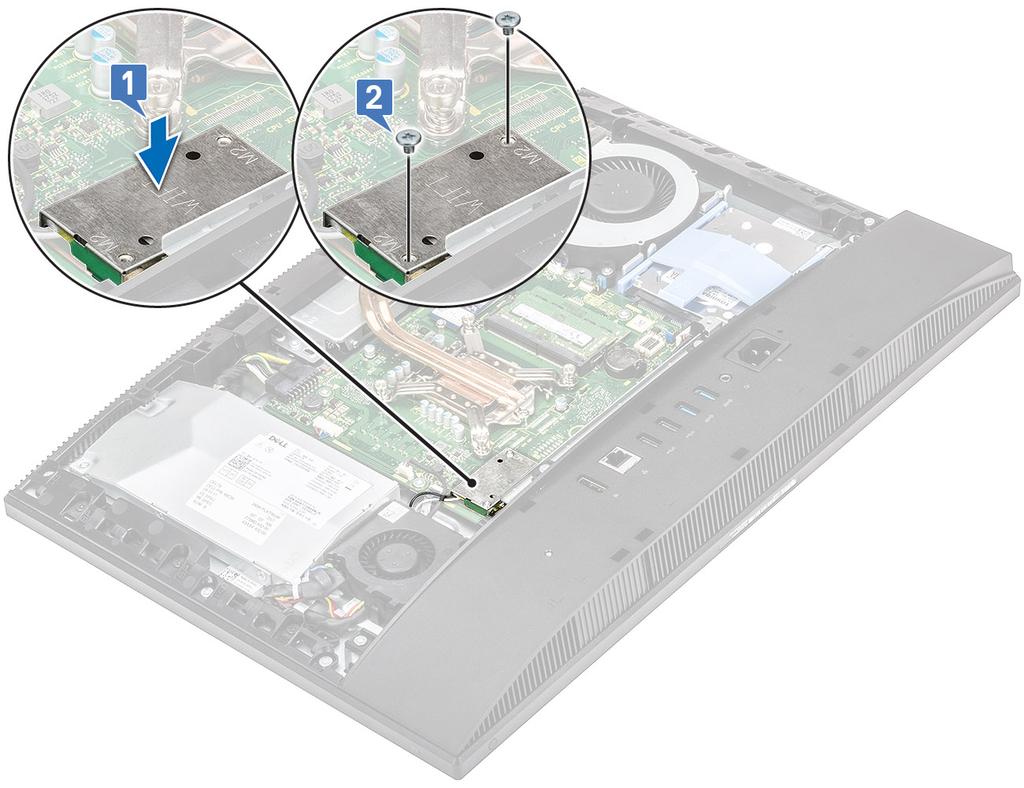 3. Installera följande komponenter: a) moderkortskyddet b) Bakre hölje c) Stativ 4. Följ anvisningarna i När du har arbetat inuti datorn. Systemfläkt Ta bort systemfläkten 1.