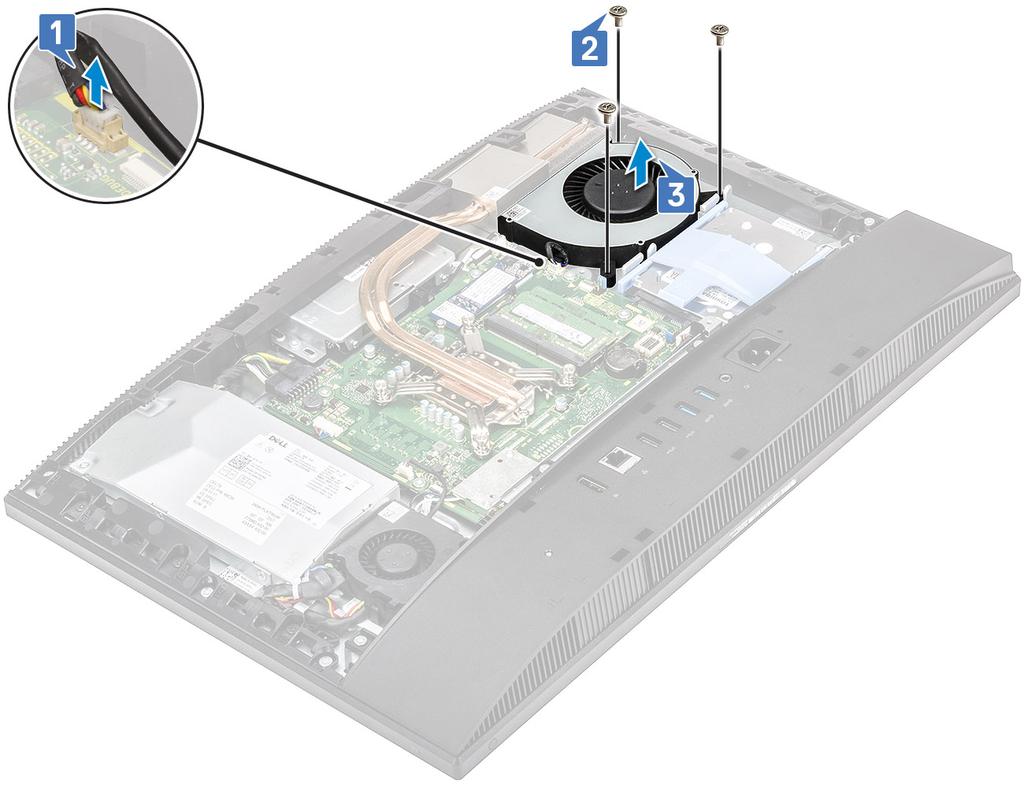 Installera systemfläkten 1. Rikta in skruvhålen på systemfläkten med skruvhålen på bildskärmsenhetens bas [1]. 2.