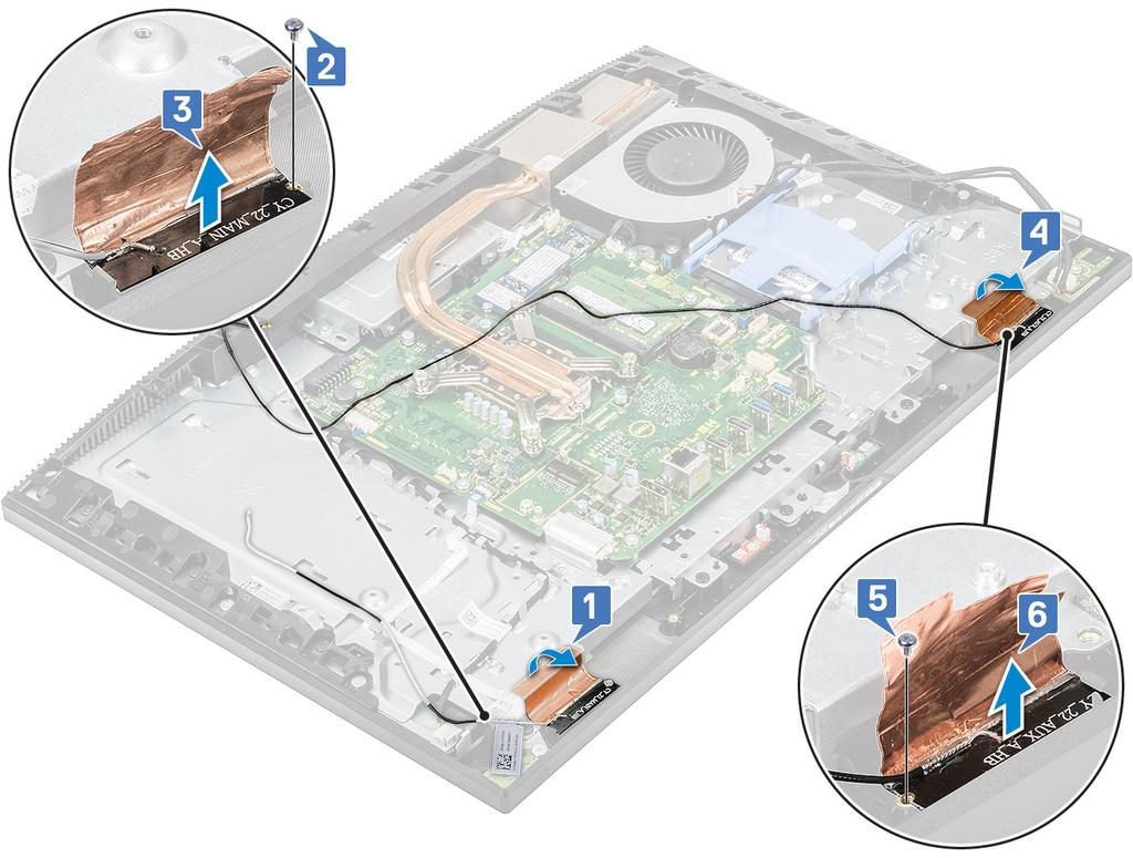 Installera antennerna 1. Så här sätter du tillbaka antennmodulerna: a) Rikta in antennmodulerna (2) med kortplatserna på mittramen [1, 4].