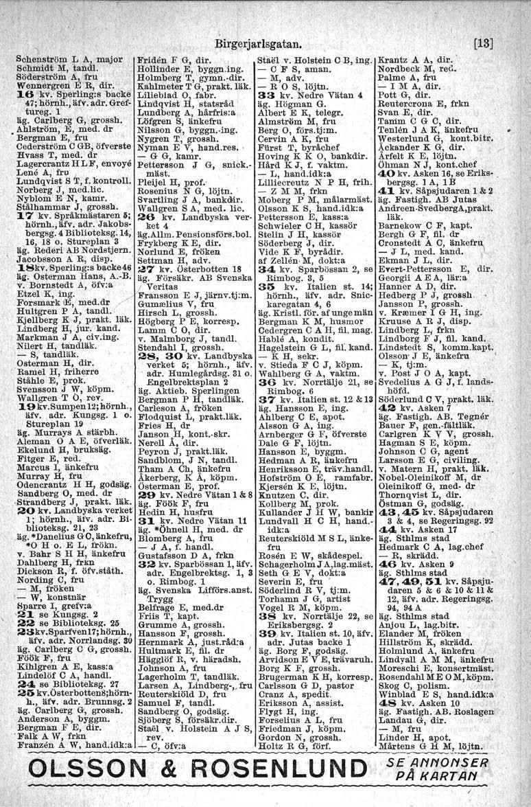 , Birw;rjatlsgatan. Bohenström L A, major Friden 'F G, dir. Stael v. Holstein OB, ing, Sohmidt ly[, 'tand!. Holländer. E, byggn:ing. - G F S, aman. Söderström A, fru Holmberg T, gymn.-dir.