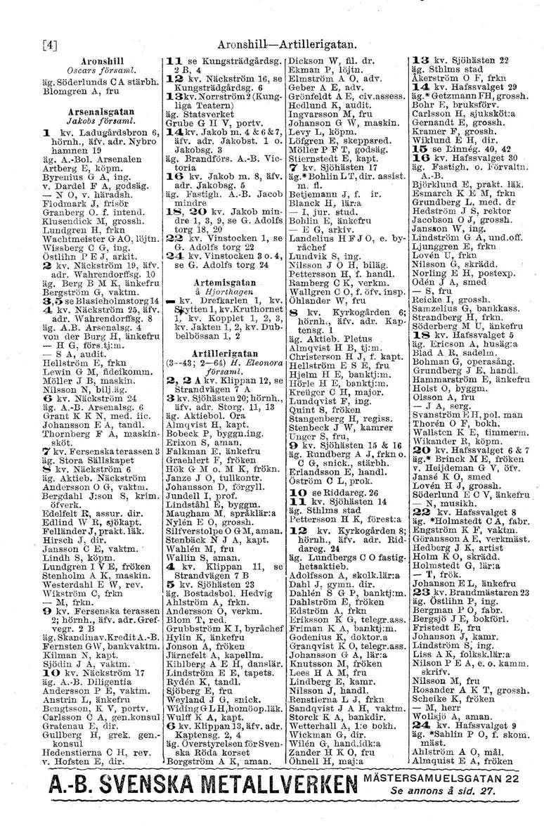 [4J Aronshill Oscars föreasnl, äg. Söderlunds CA stärbh. Blomgren A, fru Arsenalsgatan Jakobs!örsaml. 1 kv, Ladugårdsbron 6, hörnh., hamnen 1!l äg. A.aBal. Arsenalen Artberg B, köpm.