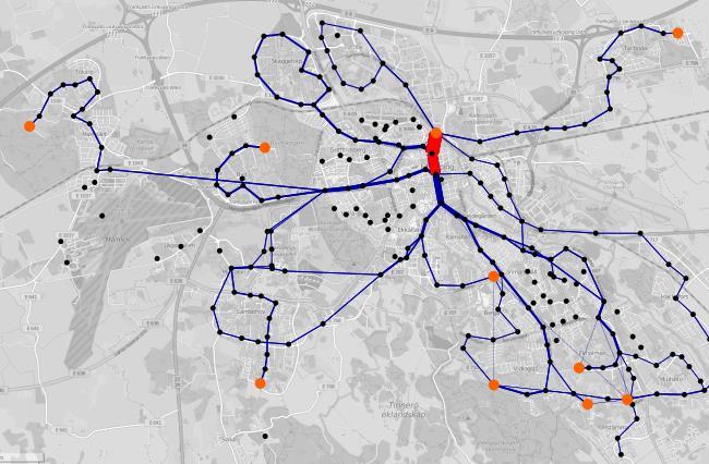 9.1.5 Bus line 1 to 17 and 24 Figure 13 A map of bus line 1 to 17 and 24. Red lines show electric roads. Orange dots show charging stations. Black dots show bus stops.