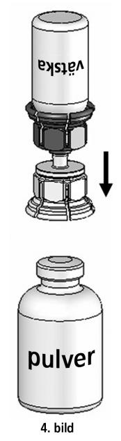 4. Placera injektionsflaskan med pulvret på en plan yta och håll den stadigt. Ta injektionsflaskan med spädningsvätska med den anslutna Mix2Vial och vänd den upp och ned.