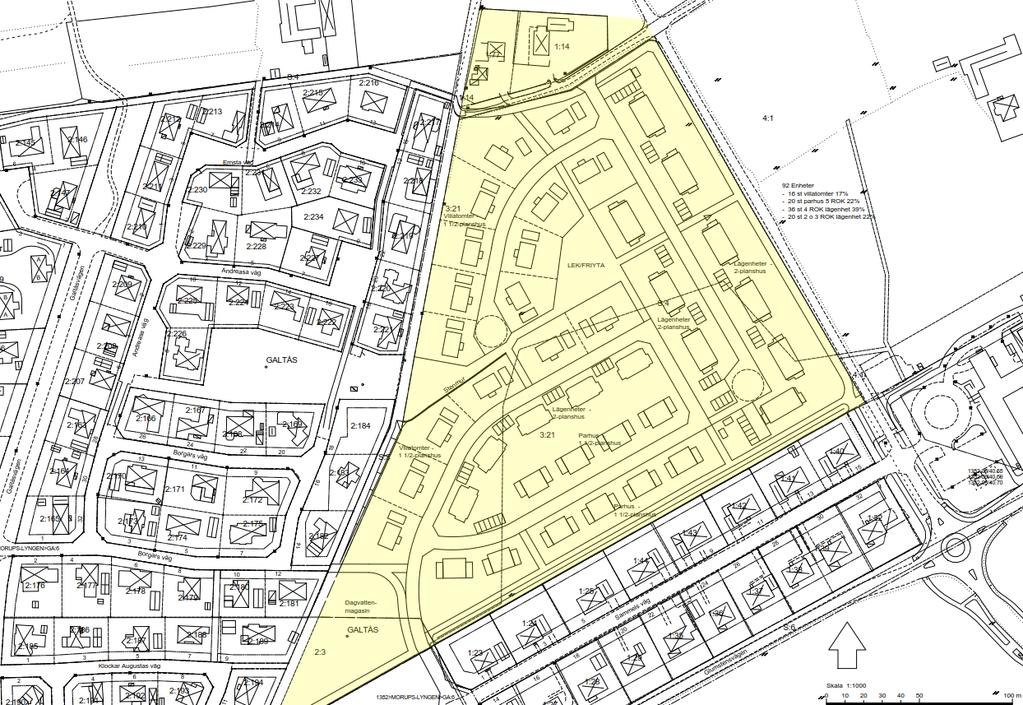 Figur 2 Tänkbar utformning av framtida bebyggelse, markerat med gult (källa: Planskiss, koncept 170905) 2 Syfte, begränsningar och geoteknisk kategori Syftet med undersökningen är att översiktligt