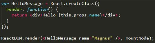 Användningen av JSX liknar HTML, där man öppnar och stänger taggar och tillåter en att kombinera detta med JavaScript expressions, se Figur 3. [15][16] Figur 3.