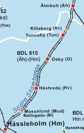 3.8 Sträckan Hässleholm-Älmhult Figur 6, Bilden visar den sträckningen arbetet är baserat på (Mail kontakt). Sträckan Hässleholm-Älmhult är en 54km lång del av Södra Stambanan.