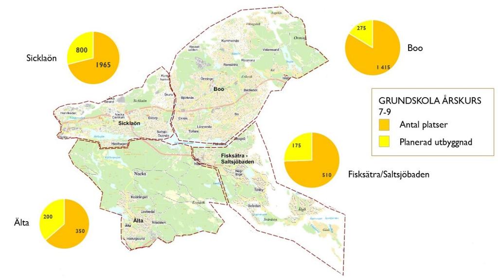 8 (31) Årskurserna 7-9 Efterfrågan på skolplatser i årskurserna 7-9 kommer att öka med cirka 2 000 under hela perioden. Det finns ett underskott av platser fram till 2023.