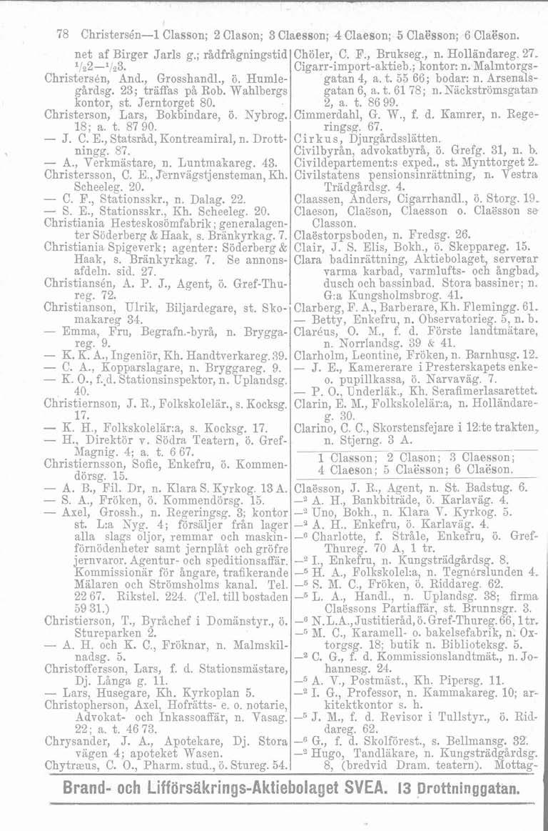 78 Christersén-l Classon; 2 Clason; 3 Claesson; 4 Claeson; 5 Claësson; 6 Claëson. net af Birger Jarls g.; rådfrågningstid ','22-','n3. Christersh, And., Grosshandl., ö. Humlegårdsg.