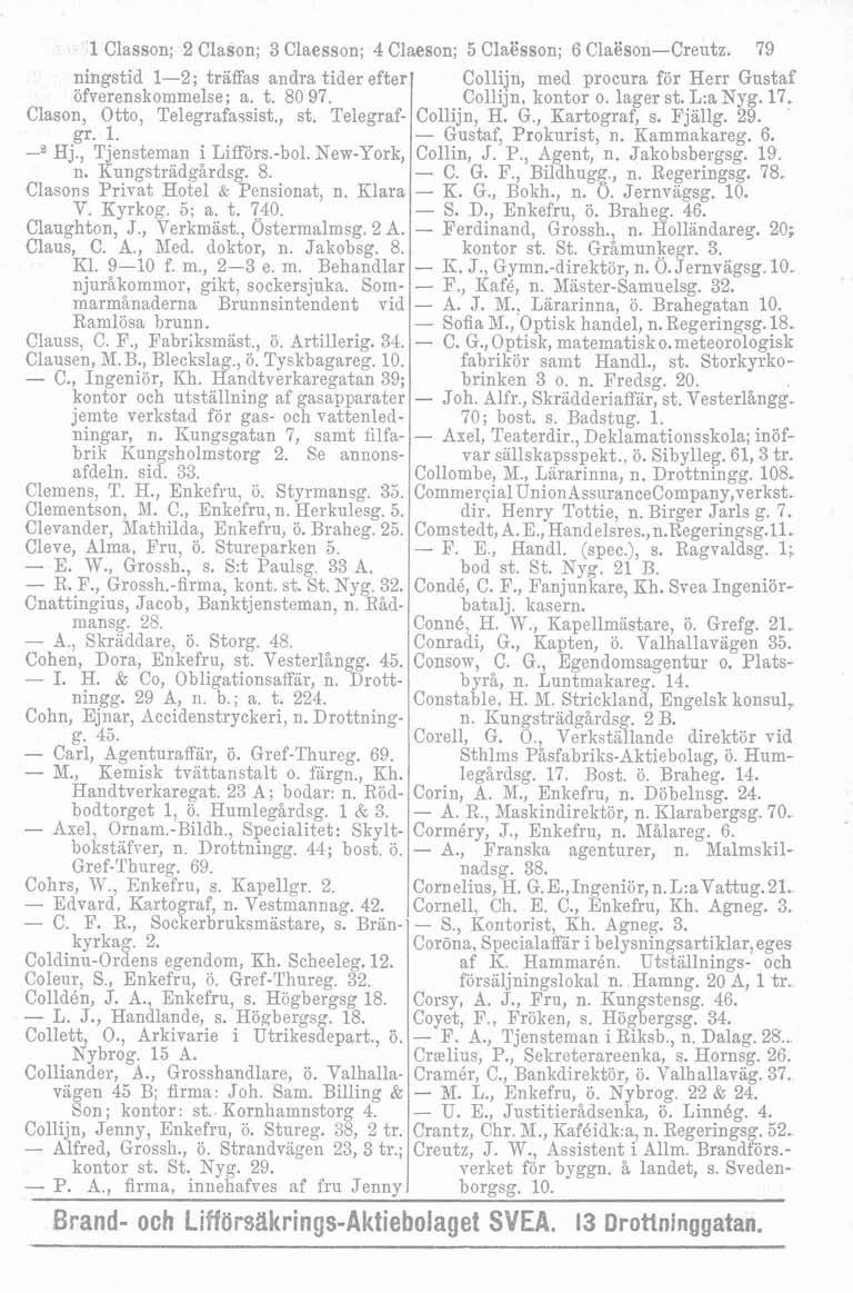 -p- 1 Classon; 2 Clason; 3 Claesson; 4 Claeson; 5 Claësson; 6 Claësoii-Creiitz. 79 ningstid 1-2; träffas andra tider efter öfverenskommelse; a. t. 80 97. Clason, Otto, Telegrafa~sist., st. Telegrafgr.