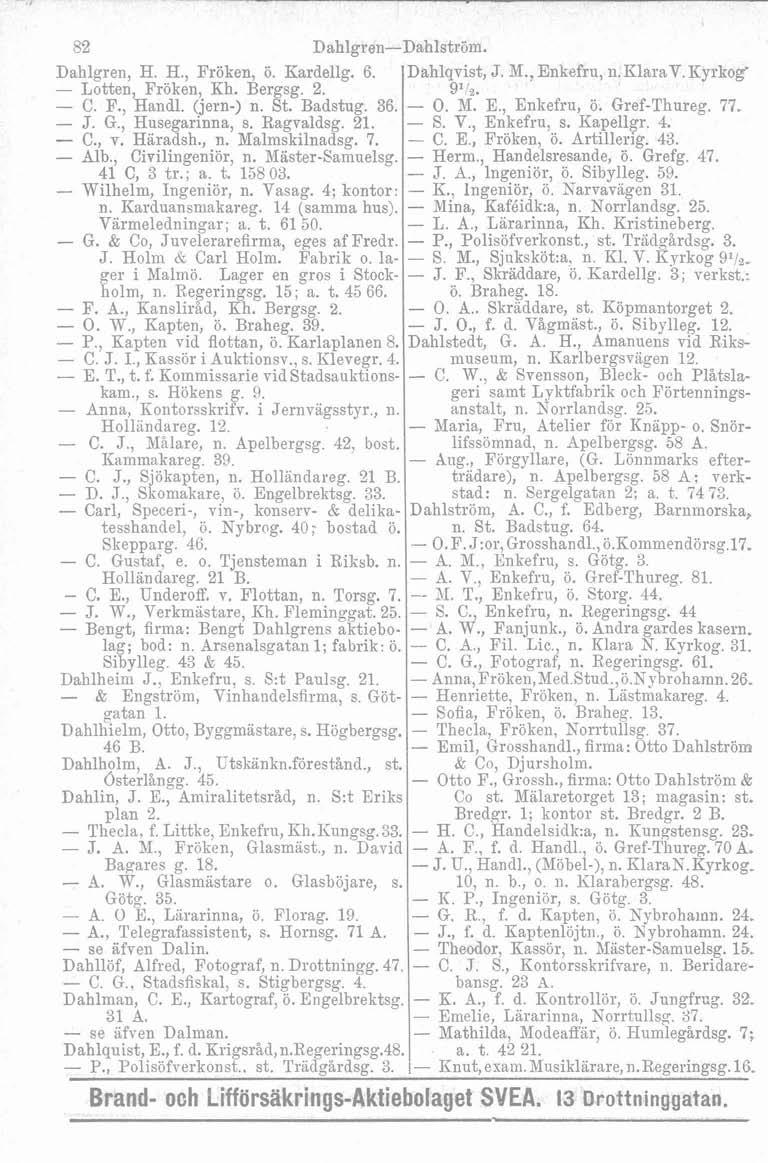 82 Dahlgren-Dahlström. Dahlgren, H. H., Fröken, ö. Kardellg. 6. - Lotten, Fröken, Kh. Bergsg. 2. - C. F., Handl. (jern-) n. St. Badstug. 36. - J. G., Husegarinna, s. Ragvaldsg. 21. - C., v. Haradsh.