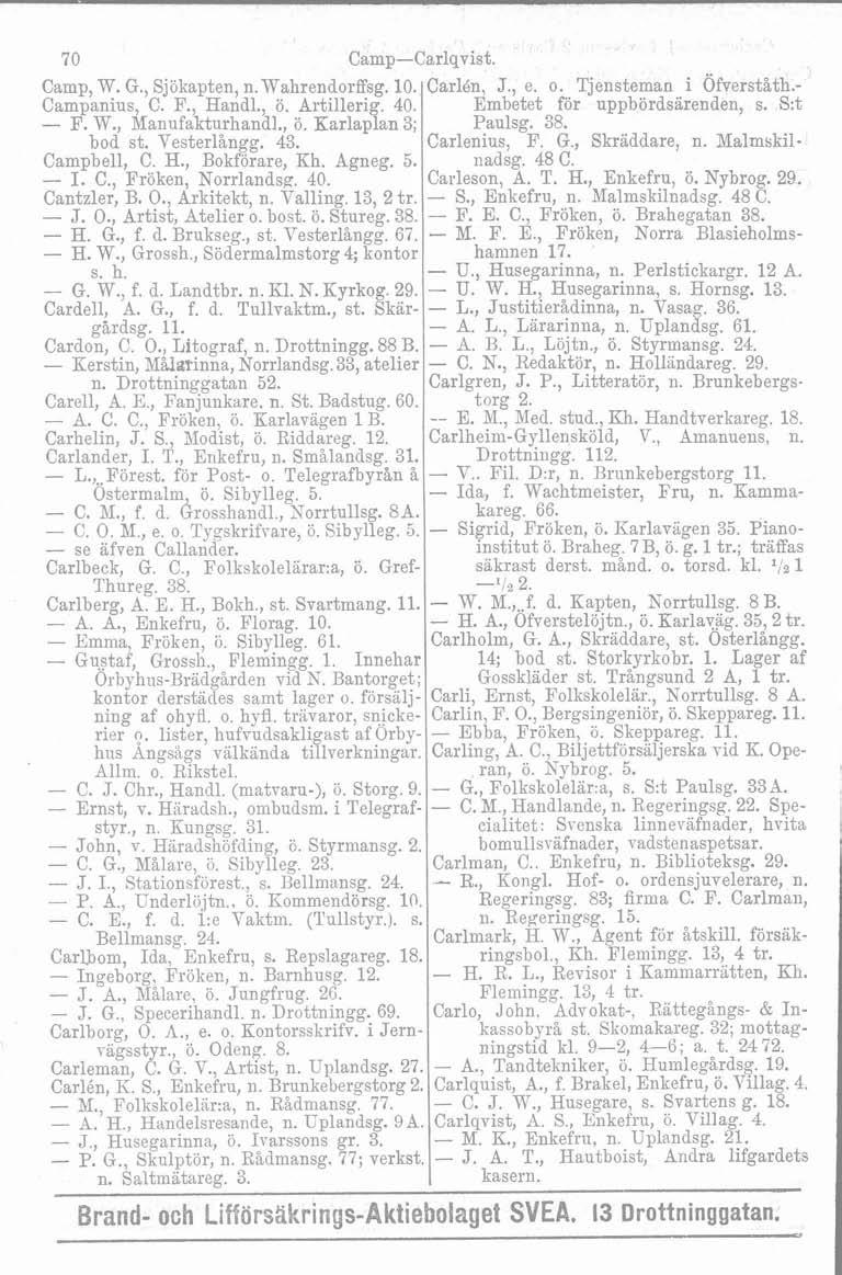 70 Camp-Carlqvist. Camp, W. G., Sjökapten, n. Wahrendorffsg. 10. Campanius, C. F., Handl., ö. Artillerig. 40. - F. W., llanufakturliandl., ö. Karlaplan 3; bod st. Vesterlångg. 43. Campbell, C. H., Bokförare, Kh.